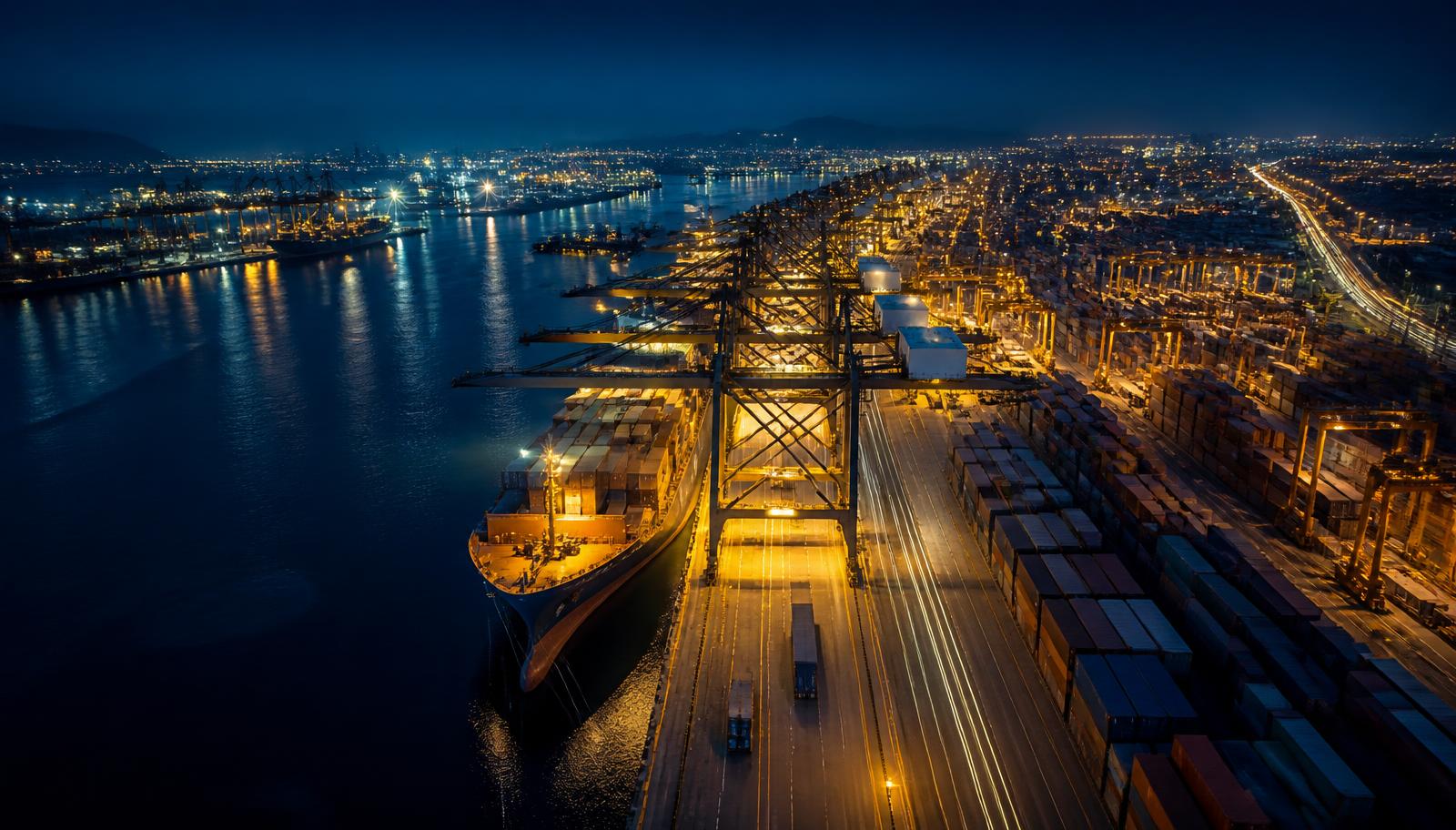 Puerto de contenedores iluminado de noche